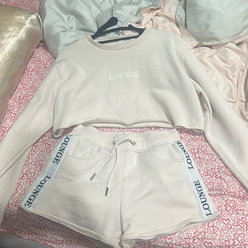 LOUNGE off white/cream shorts and matching crop sweater
